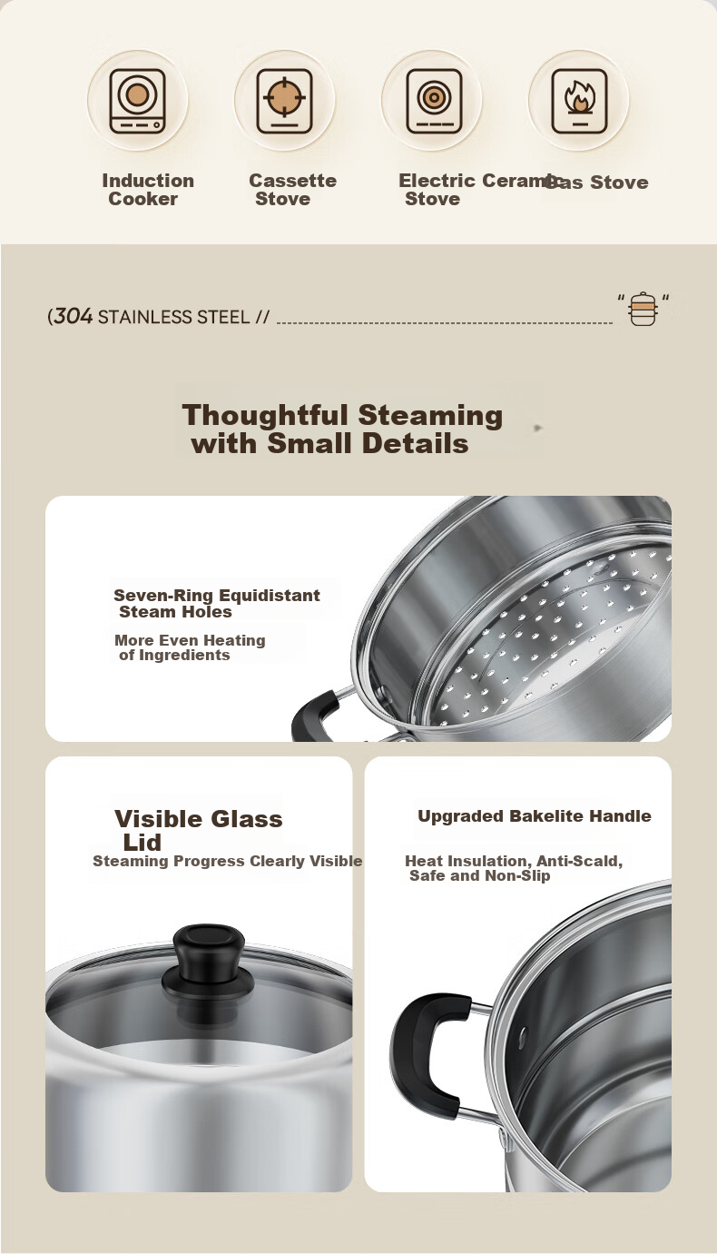 Royalstar 304 Stainless Steel Steamer Pot Soup Cooker High Capacity Three-Layer 28cm Compatible with Gas and Induction Cookers 15