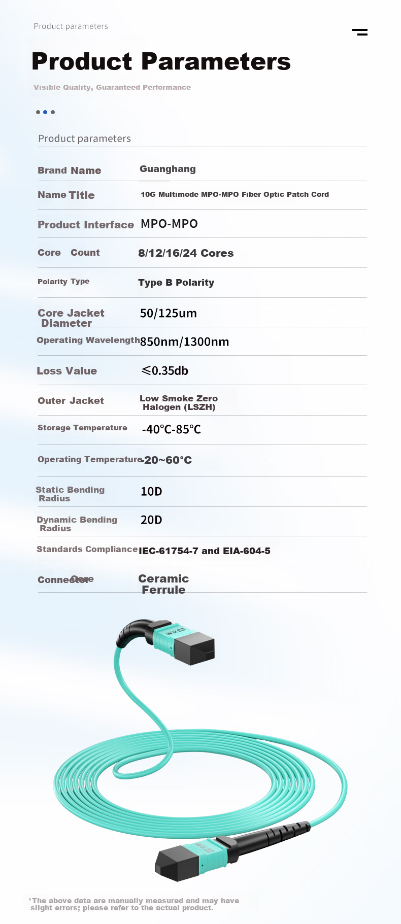 Guanghang MPO-MPO Fiber Optic Patch Cord 8-Core 10G Multimode OM3 1.5m Telecom Grade 40G/100G Optical Module Bundle Fiber Cable GH-MM015-8G 13