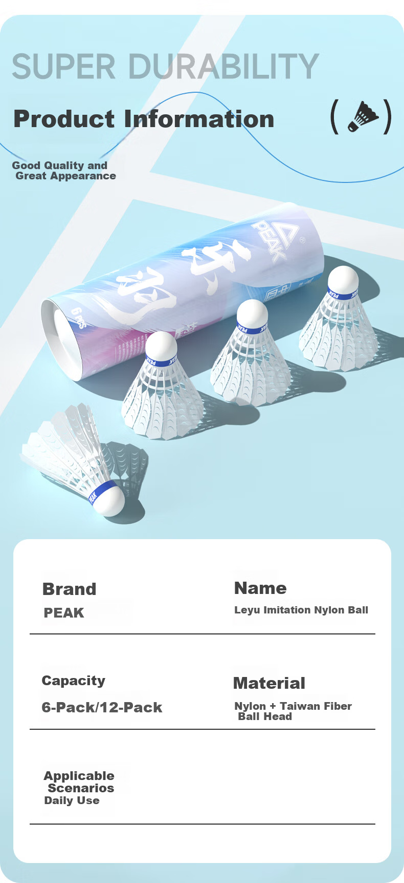 Peak Badminton Synthetic Feather Nylon Shuttlecocks Durable Windproof 6-Pack for Indoor Outdoor Training and Competition 9
