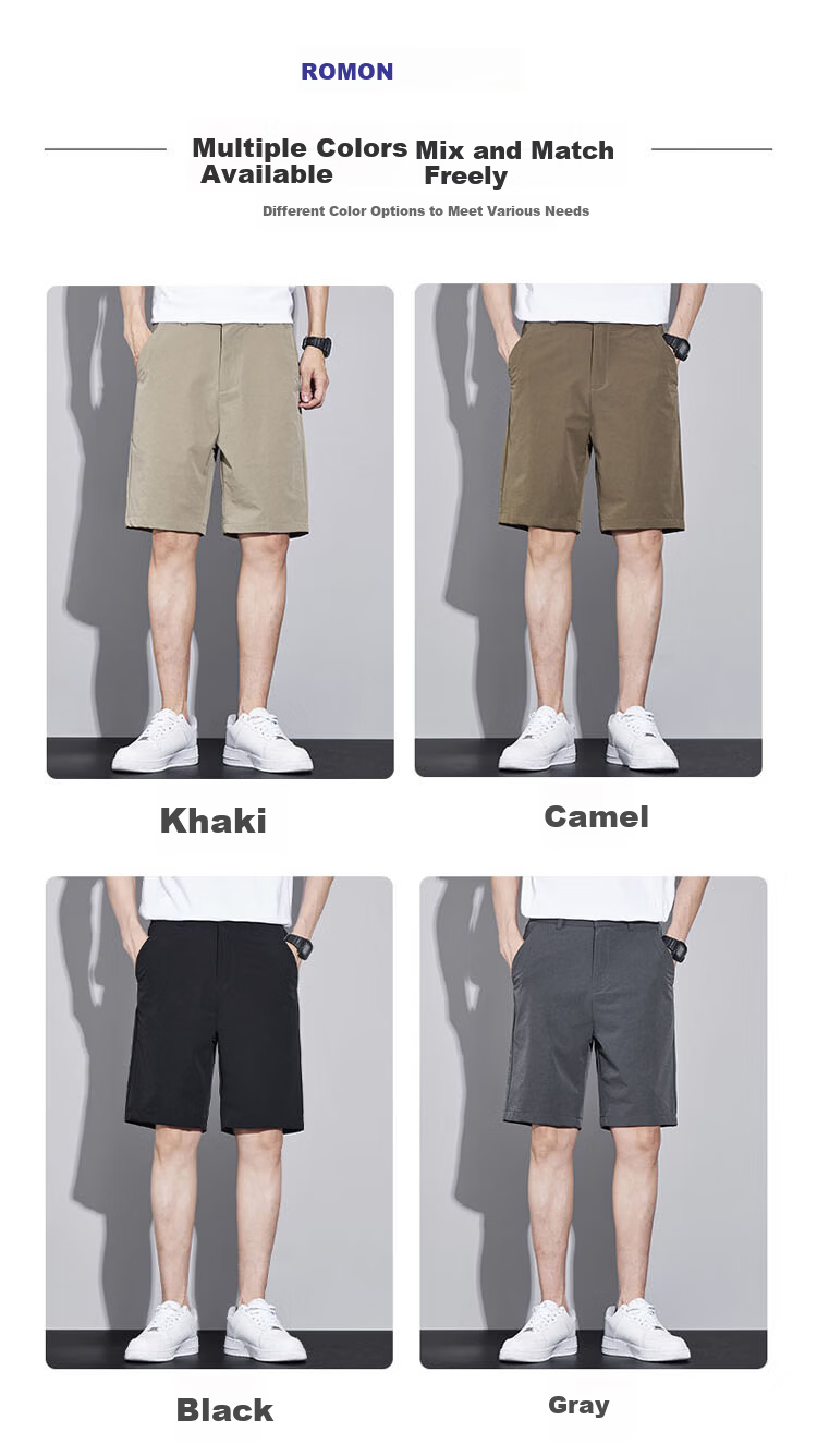 ROMON Men's Ice Silk Summer Lightweight Business Casual Five-Point Straight-Leg Suit Shorts Khaki M 2