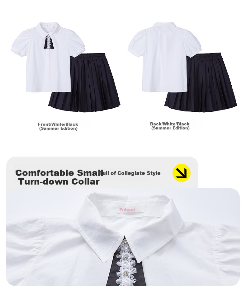 Follow Me Girls' Summer Set: Preppy Style Shirt Top And Pleated Skirt Two-Piece Set White/black 140 4