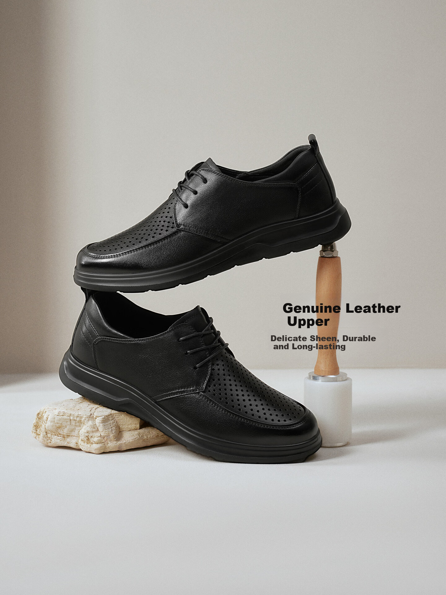 BASTO 26 Summer Comfortable Leather Shoes Perforated Breathable Business Formal Commuter Casual Men's Leather Shoes 67W15BM6 Black Size 41 3