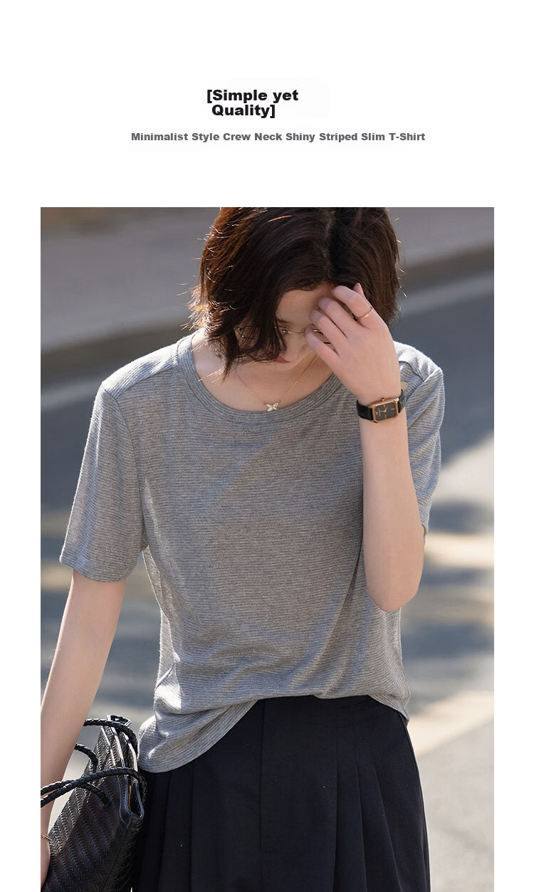 Demana [Mulberry Silk and Vinegar Fiber Blend] Summer Simple Style Round Neck Shiny Stripe Slim Fit Short Sleeve T-Shirt for Women Premium Feel 2