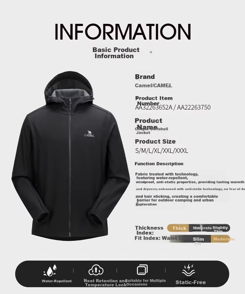CAMEL Outdoor Men's Fleece-Lined Thickened Softshell Jacket with Hood, Water-Repellent and Windproof Running Coat for Women, Spring and Autumn 13