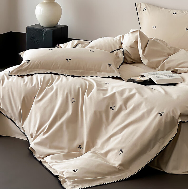 MUJI 100% Cotton 4-Piece Bedding Set Bed Sheet Pillowcase Duvet Cover 200x230cm for 1.5/1.8m Bed - Light Green Plaid 4