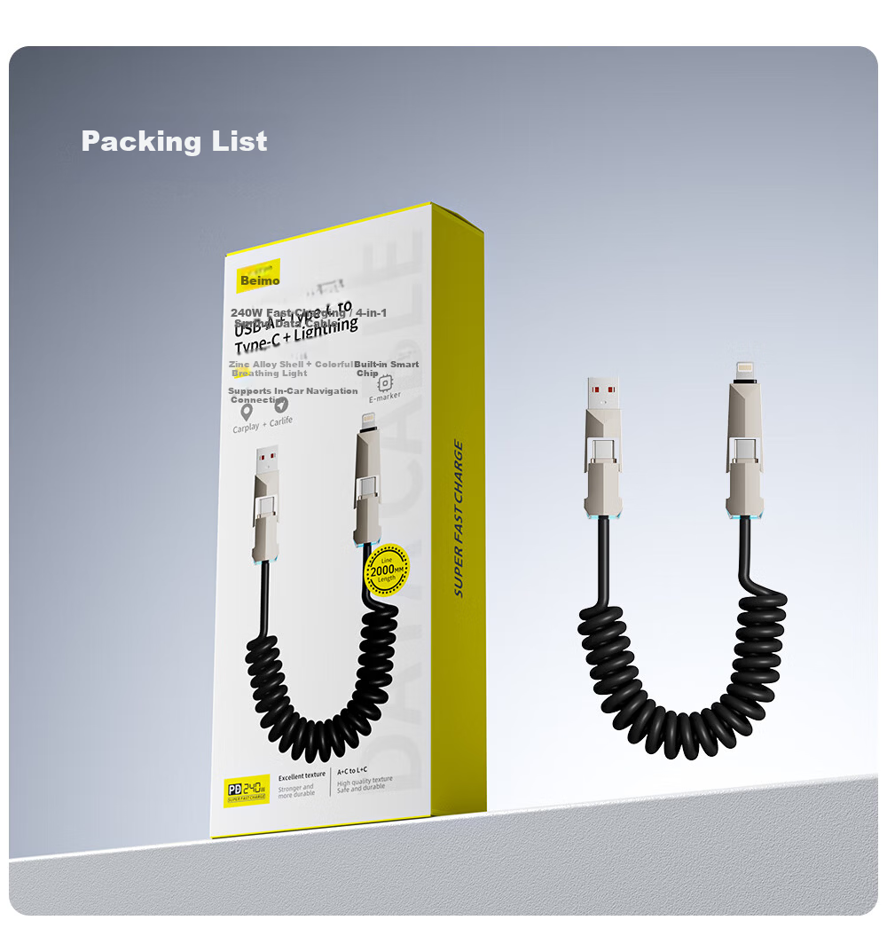 Beimo, Suitable for Tesla Car-Specific Charging Cable, Type-C Four-In Spring Retractable Data Cable, 240W Power Fast Charging, IPhone18/17promax, Huawei/Xiaomi 8