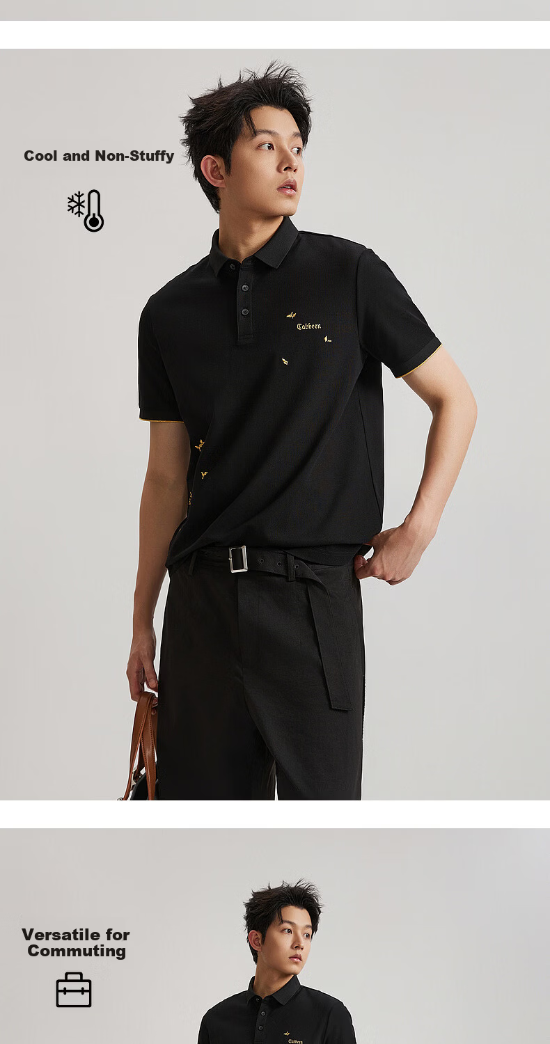 CABBEEN 200G Sorona Cool Touch Pique Polo Shirt Men Gold Plant Embroidery 2026 Spring Breathable Short Sleeve T-Shirt 6