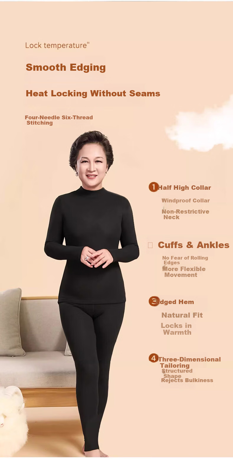 LangSha Women's Autumn Thermal Underwear Set Mid-Aged and Elderly Mid-Neck Windproof Warm Wool and Silk 7A Antibacterial Thin Warm Innerwear Set 12