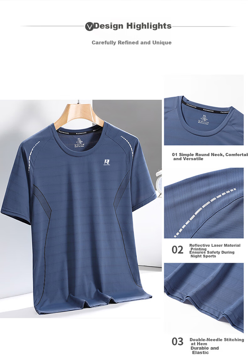 ROMON Men's Short Sleeve T-Shirt Summer Ice Silk Casual Thin Ice Feeling Quick-Dry Crew Neck Base Shirt ZH8906 Gray M 5