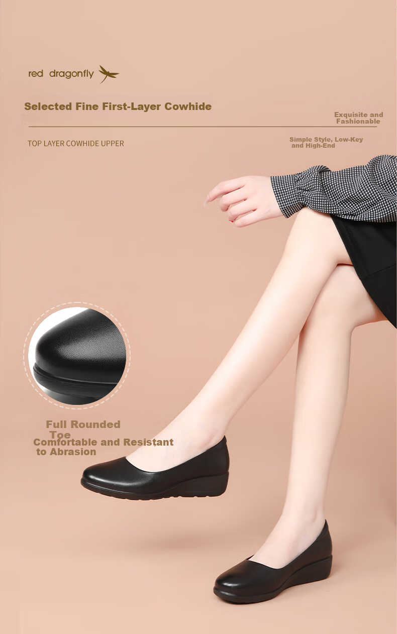 Hongqingting Women's Leather Casual Shoes, Wedge Heel Soft Leather Loafers, Commuter Work Flats, WTB341831, Black, Size 35 4