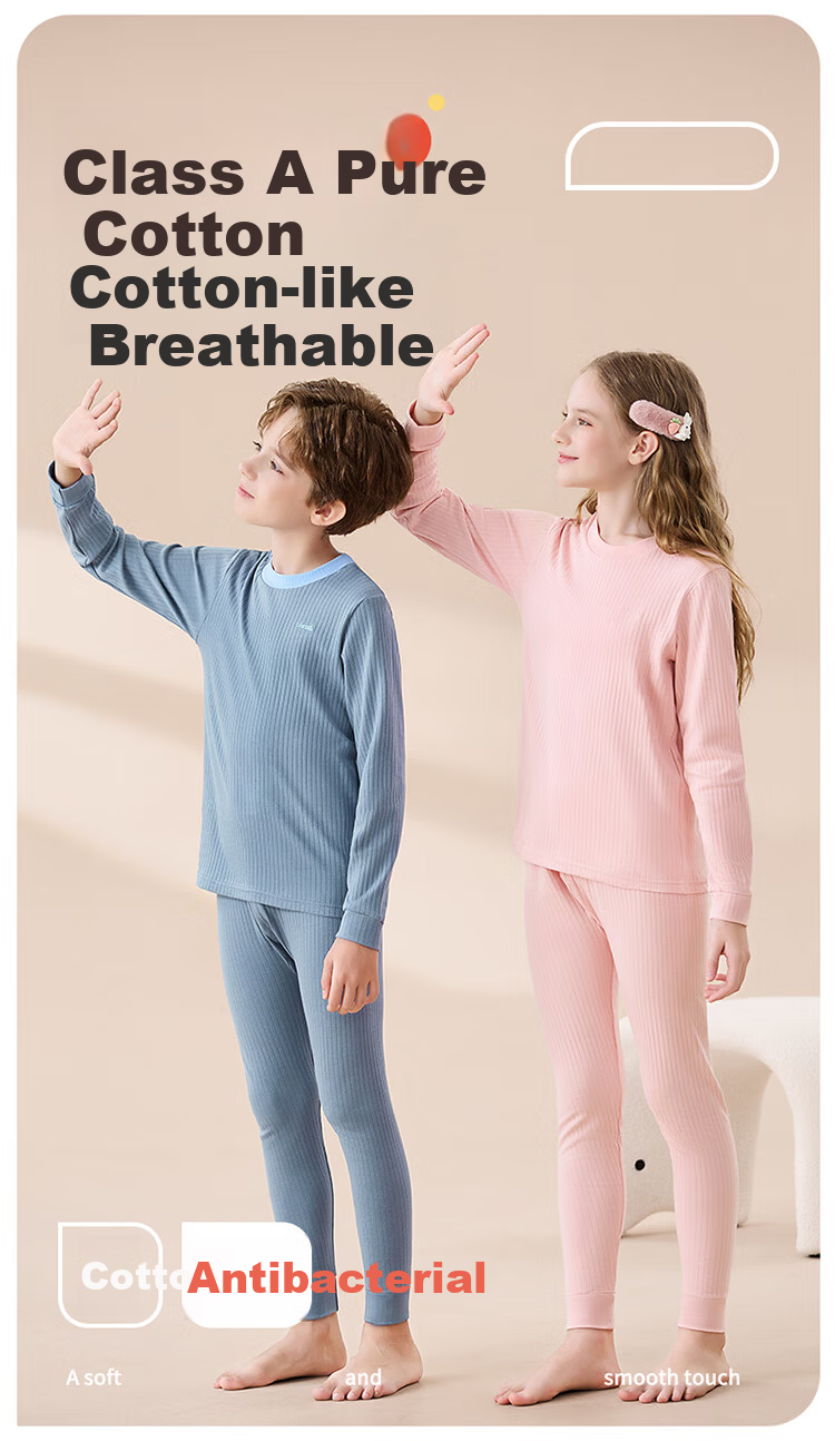 Hodo Kids Thermal Underwear 100% Cotton Antibacterial Anti-Mite Anti-Static Comfortable Autumn Set for Boys and Girls 1