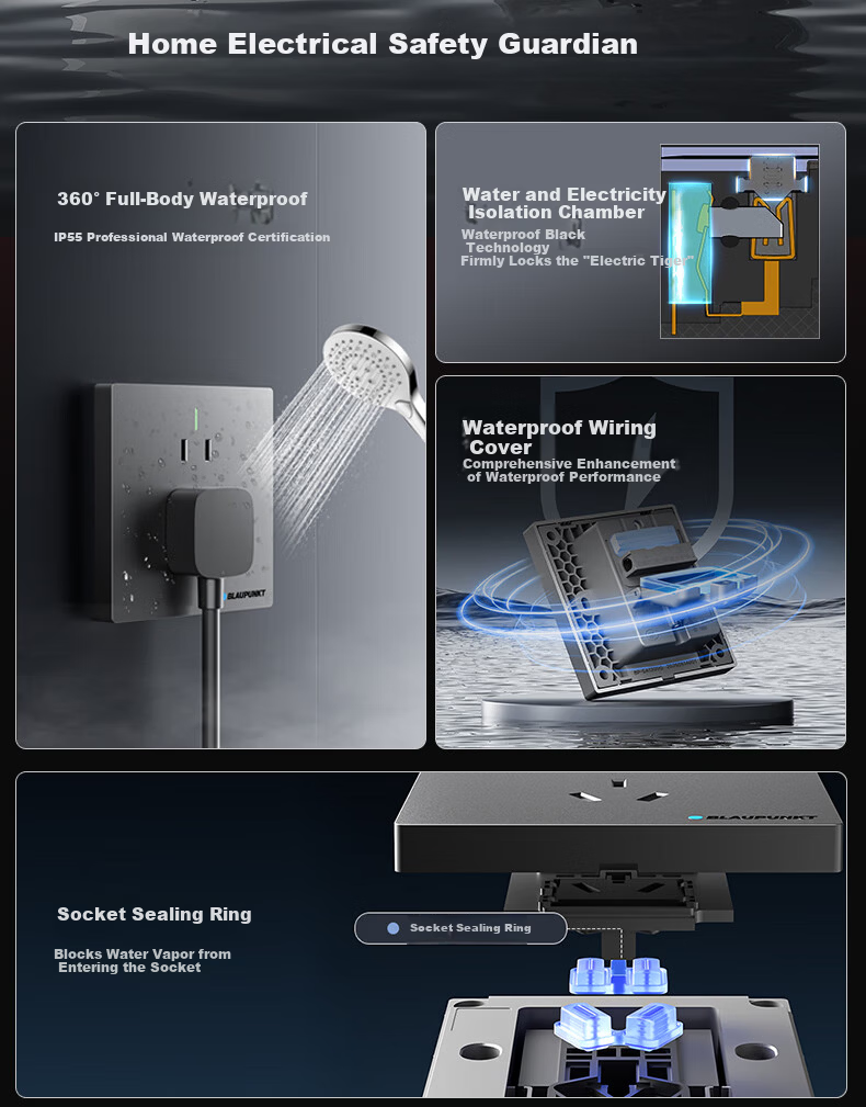 BLAUPUNKT Waterproof Socket New National Standard 86 Type Panel Surface and Concealed Mount 10A Five-Hole Wall Outlet Bathroom Waterproof Outdoor Sunproof Rainproof 1