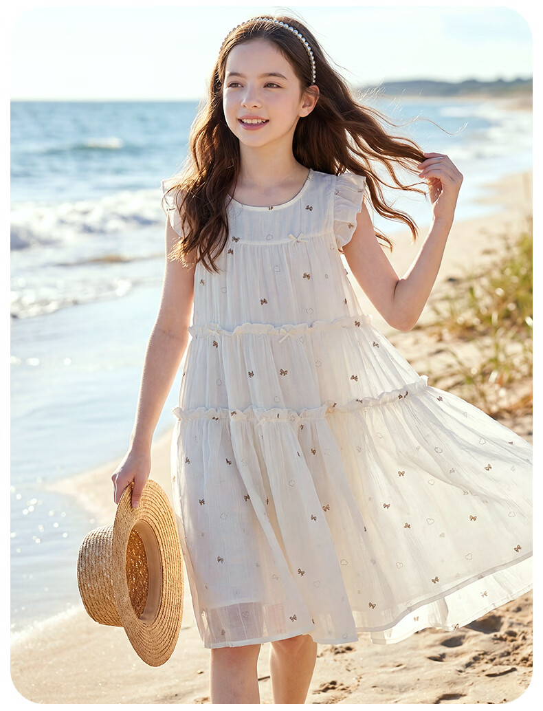 Disney Girls' Tencel Dress Summer Lightweight Princess Cake Dress for Older Children 1A112 Beige 130 7