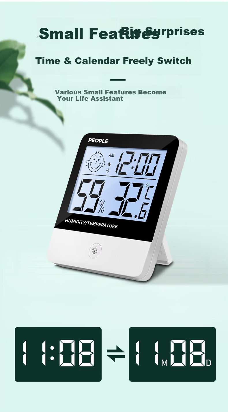 People Indoor Thermometer Electronic Temperature Meter Baby Room Wall-Mounted Greenhouse High-Precision Temperature and Humidity Meter Black Backlight 10