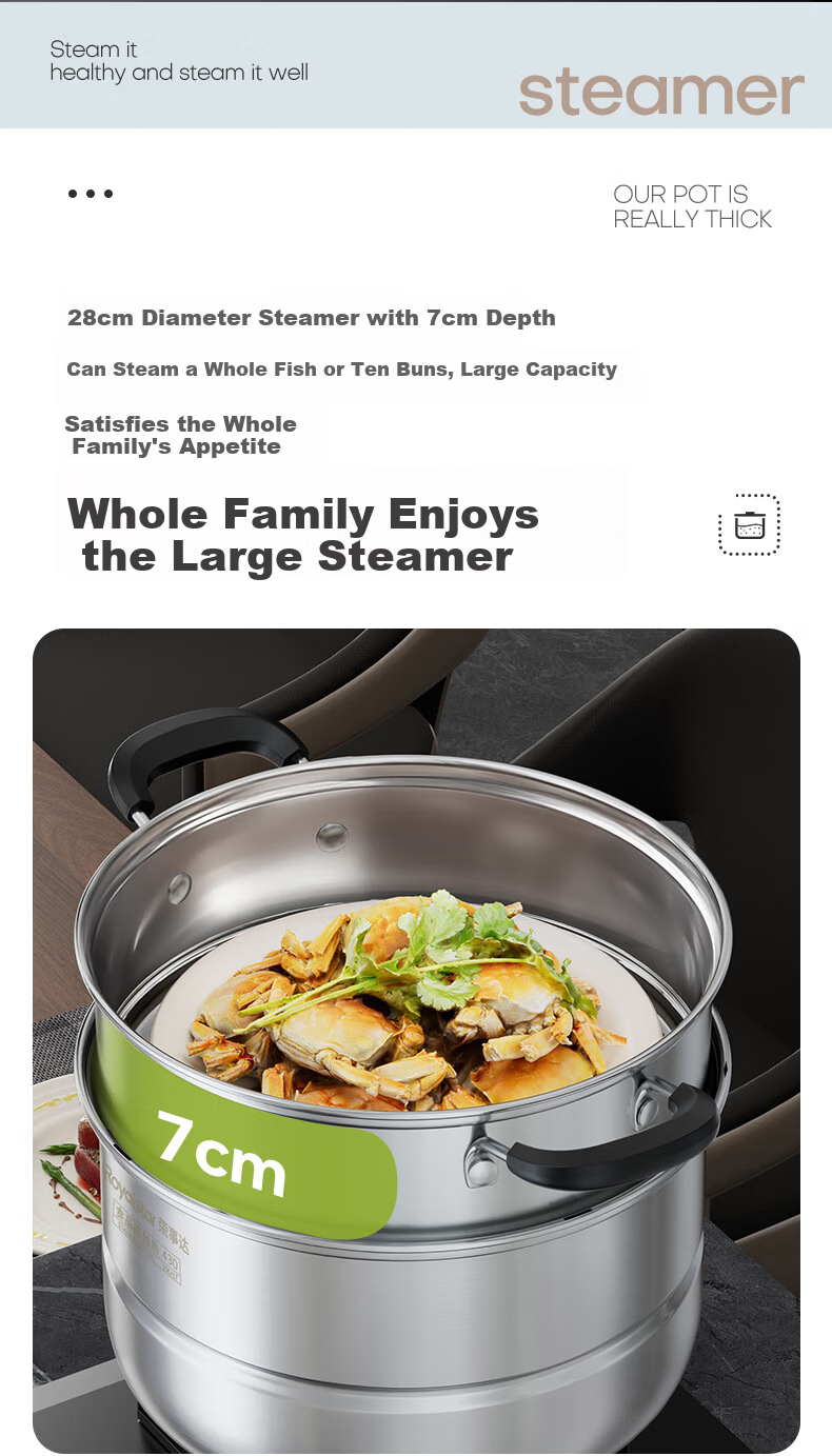 Royalstar 28cm Stainless Steel Steamer Pot Multi-Functional Large Capacity Double-Layer Soup Pot Compatible with Gas and Induction Cooktops 8