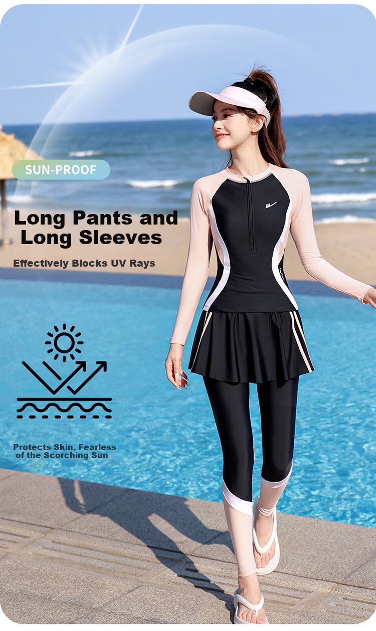Warrior Women's Long Sleeve Long Pants Swimsuit High-Grade Sun Protection Hot Spring Surfing Snorkeling Jellyfish Suit 16098H1L Black 2XL 2