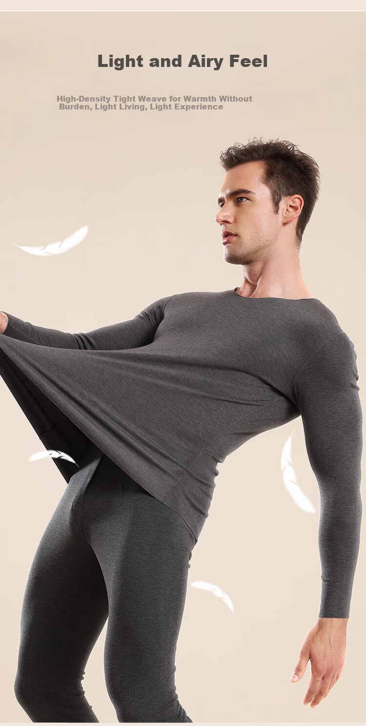LangSha Men's Thermal Velvet Self-Heating Seamless Round Neck Base Layer Autumn Winter Warm Underwear Set 5