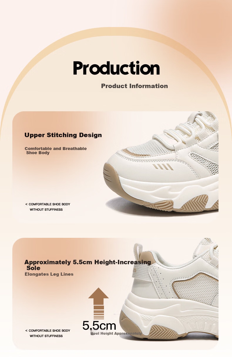 Yierkang Women's Sports Casual Shoes, Thick-Soled Height-Increasing Comfortable Versatile Dad Shoes, Student Travel Trendy Shoes, Beige/black, Size 39 11