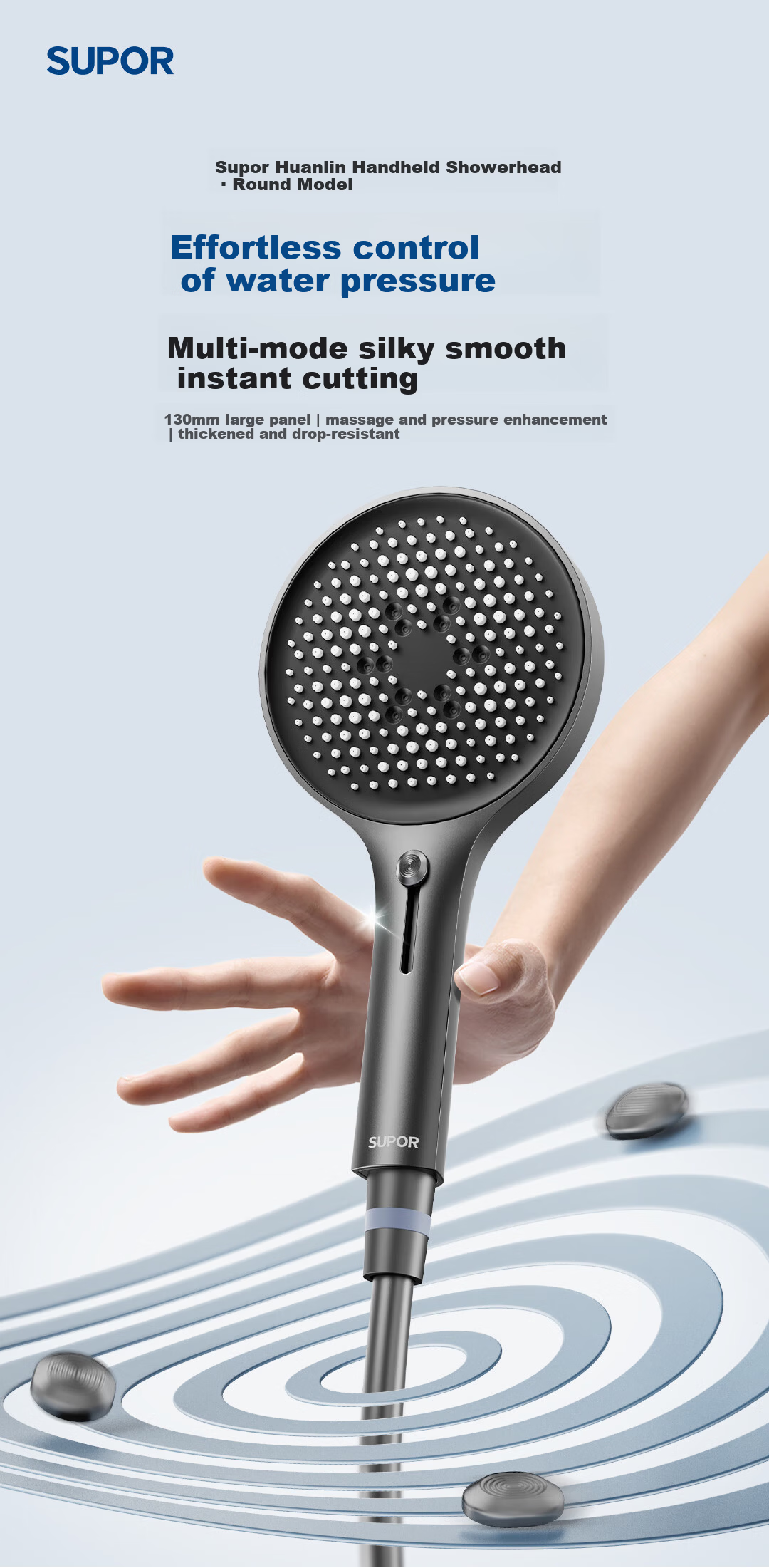 SUPOR High-Pressure Handheld Shower Head Set with Spray Gun, Three-Piece Shower Head, Powerful Water Flow, Adjustable Gray 3