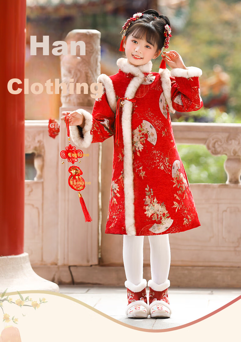 ROMON Red Velvet Qipao New Year Greeting Dress Girls' Chinese New Year Outfit Children's Performance Costume Red 160 3