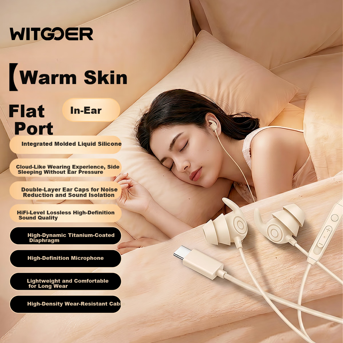 Zhiguozhe Sleep-Specific Wired Type-C Earphones Pain-Free Noise Cancelling Digital Audio Earbuds for Side Sleep Professional Sound Isolation