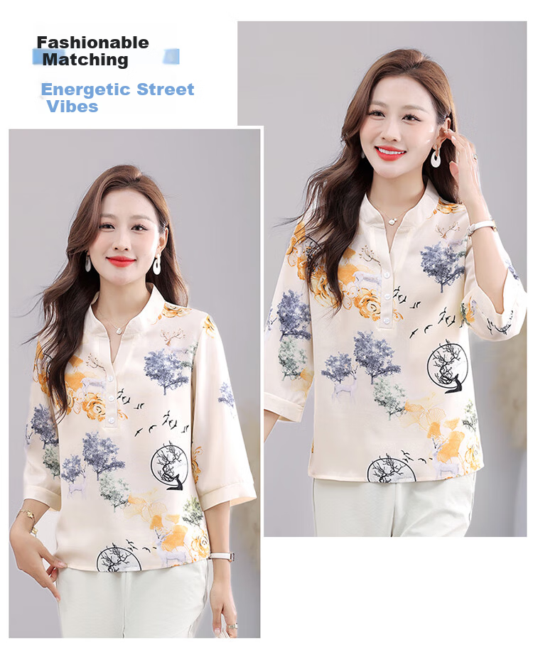 Woodpecker Women's Short Sleeve T-Shirt Casual Floral Shirt Middle-aged and Elderly Mom Loose Elegant Top Summer Blue 2XL 17