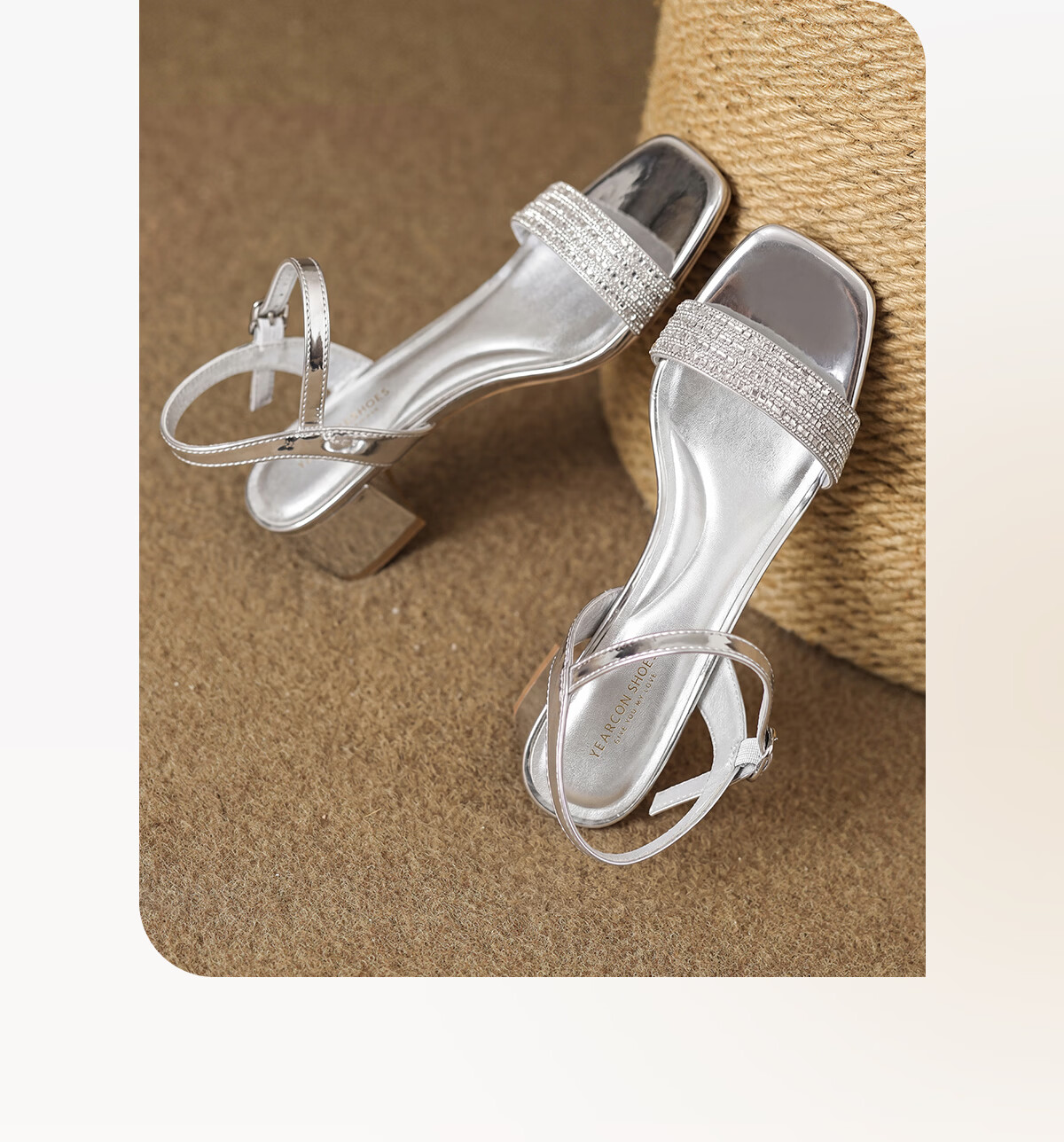 Eierkang Women's Sandals Open Toe Rhinestone Strap French Style Chunky Heel Sandals 49886W Silver Size 39 3
