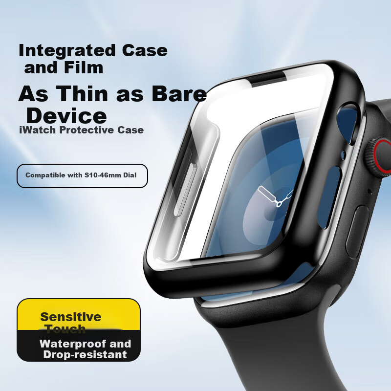 Mashi Compatible Apple Watch Protective Case, iWatch S10 Full Coverage Tempered Glass Screen Protector, Shockproof and Scratch-resistant Black 46mm
