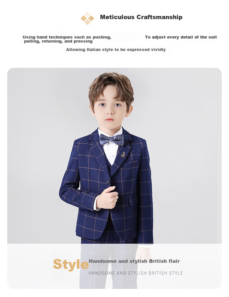 Romon Children's Suit Vest Set Boys Host Formal British Style Flower Boy Piano Performance Navy Plaid 130 11