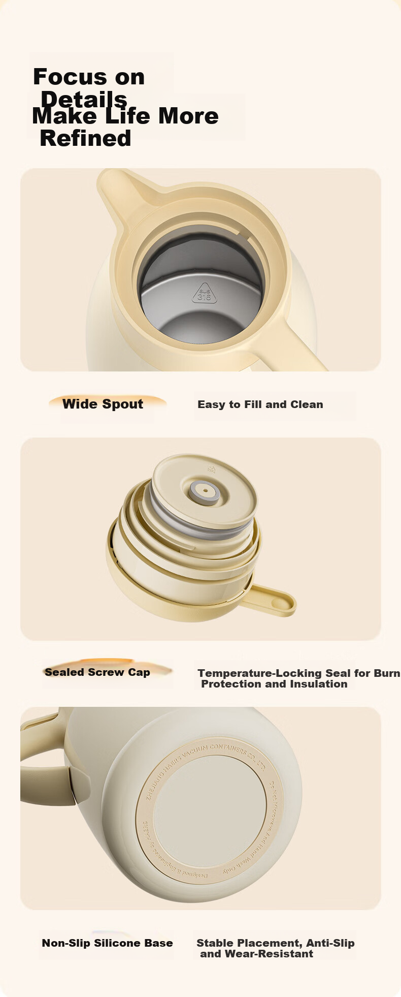 Haers 316L Stainless Steel Insulated Thermos Flask Household Large Capacity Hot Water Kettle Ivory White 2L 13