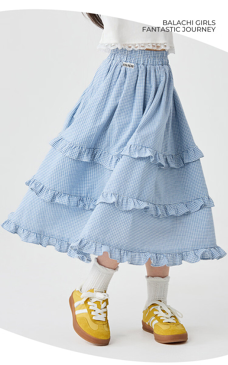 Balachi Girls Spring Summer Vacation Style Plaid Skirt Outdoor Casual Cake Skirt Pastoral Long Skirt 130 Blue 1