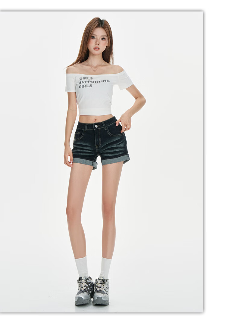 Jeanswest Women's Denim Shorts 2026 Vintage Washed American Style Loose Low Waist Rolled Hem Hot Pants Black M 8