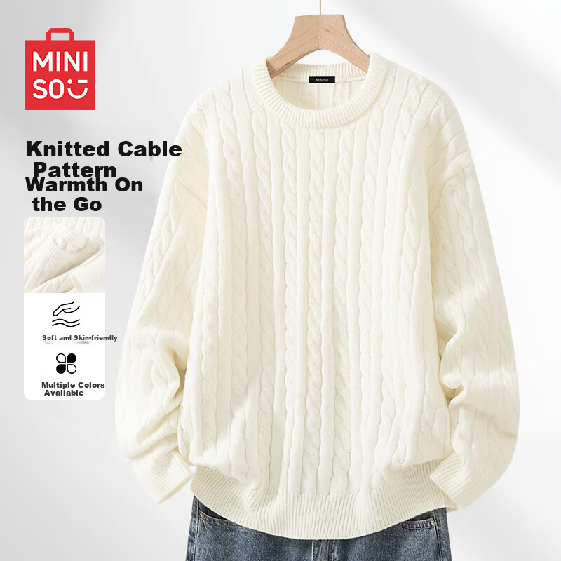MINISO Men's Round Neck Cable Knit Sweater Autumn Winter Warm Anti-Cold Casual Couple Pullover White XL