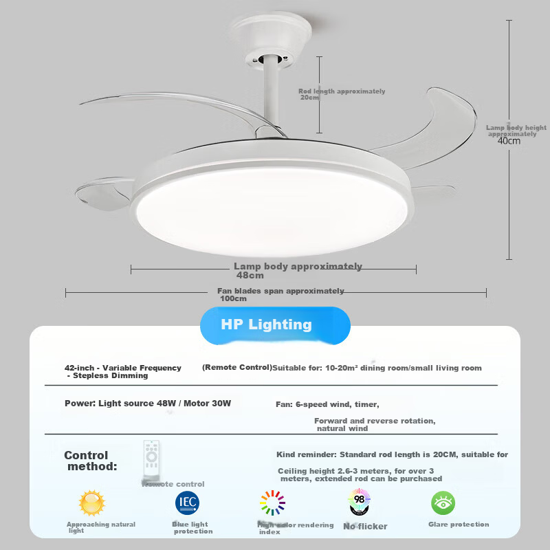 HP Precision LED Invisible Ceiling Fan Light Variable Frequency High CRI Remote Control 42-Inch Dining Bedroom Living Room Fixture