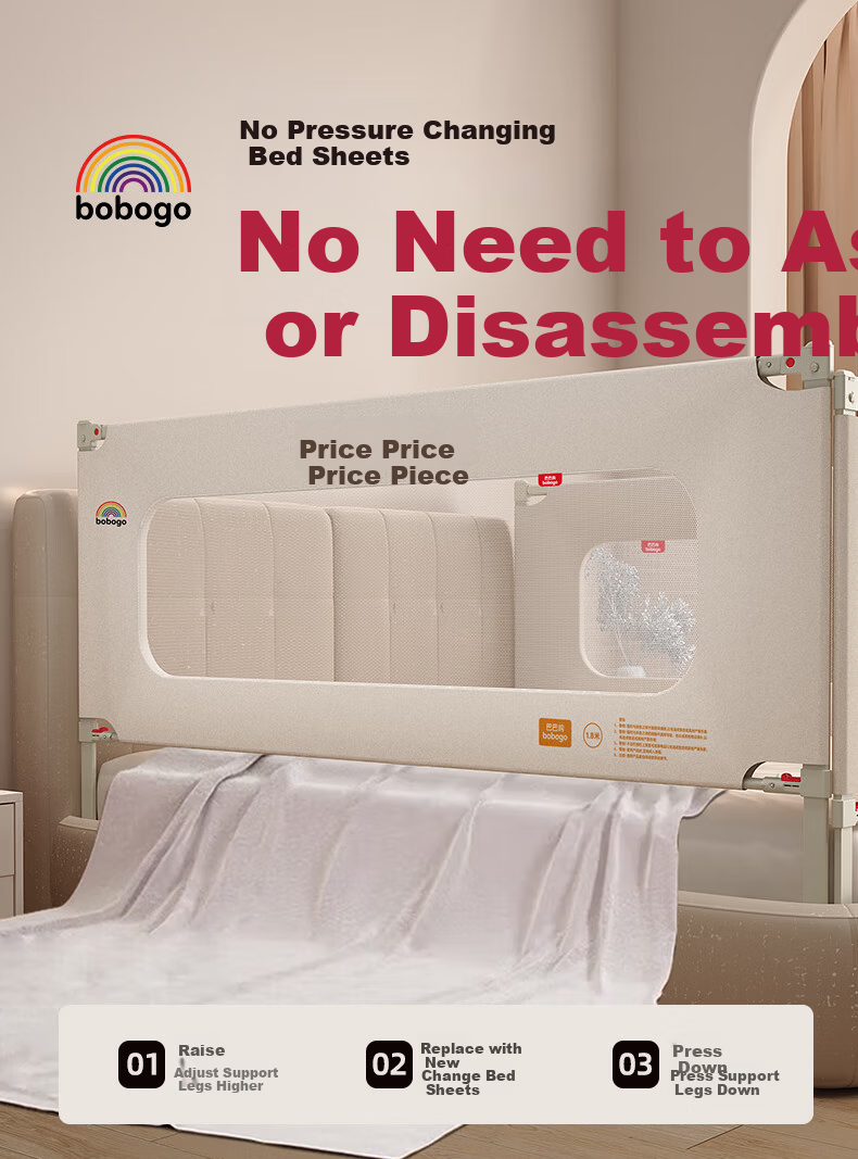 BOBOGO Baby Crib Bumper Guard Rail Baby Anti-Fall Protective Fence Bedside Panel Adjustable Three-Sided Bed Rail [1.8*2] 10
