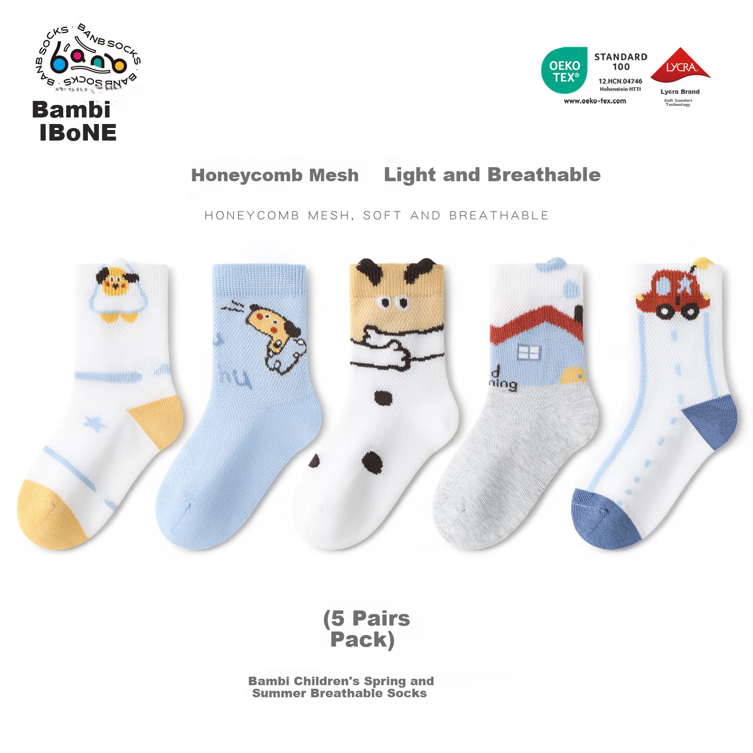 Bambi Kids Socks Spring Summer Boys Thin Breathable Mesh Mid-Calf Cotton Socks BB2649 Size 18-20