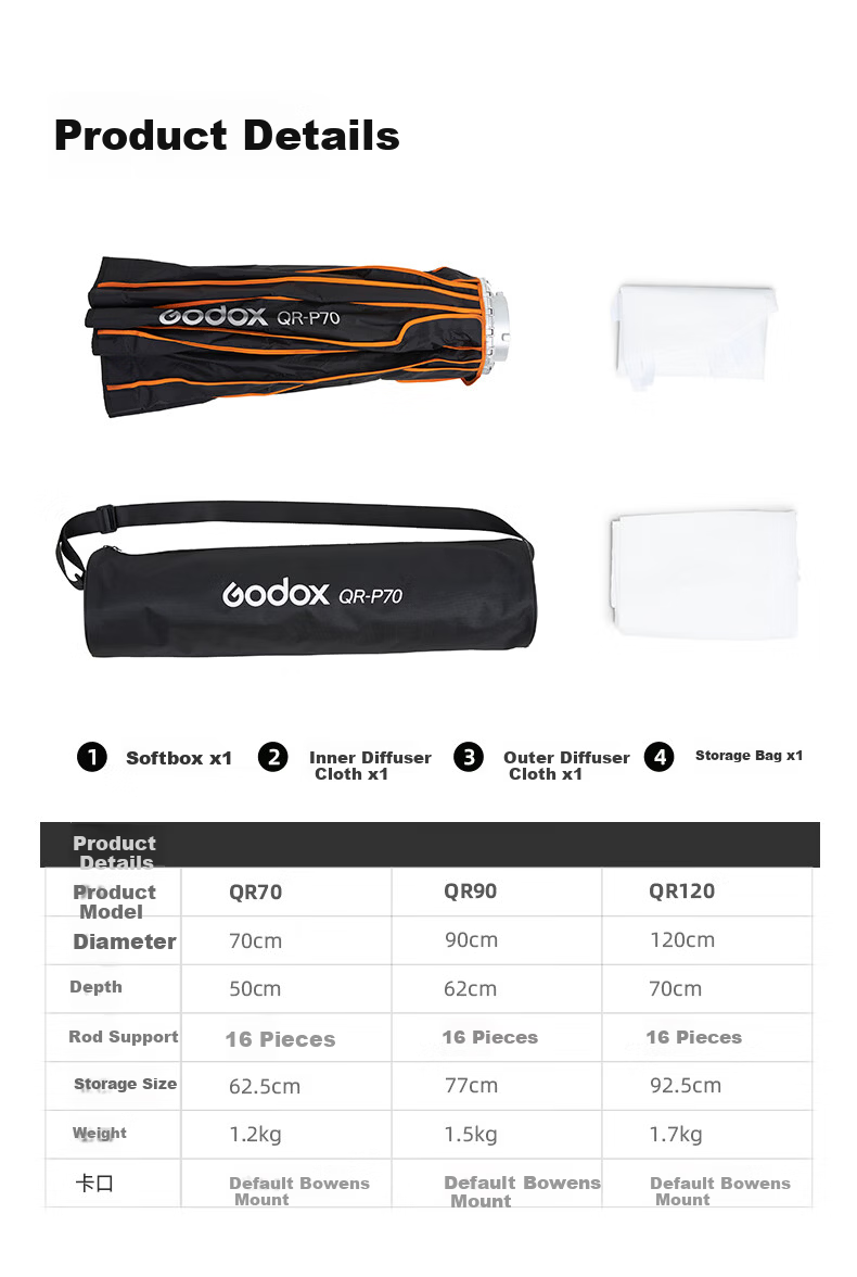 Godox Quick-Install Deep Parabolic Softbox QR-P90T Photography Reflector Grid Light Shade Studio Accessory Suitable for Fill Light Flash Lamp 90cm 5