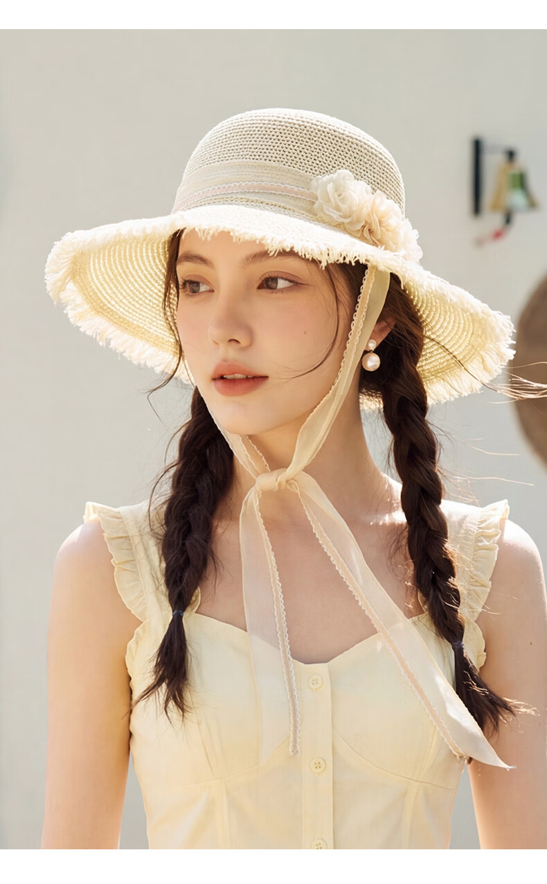 CACUSS Women's Straw Hat Summer Large Brim Straw Woven Hat French Style Face Slimming Sun Hat Beach Sun Hat Summer Floral Brim 8