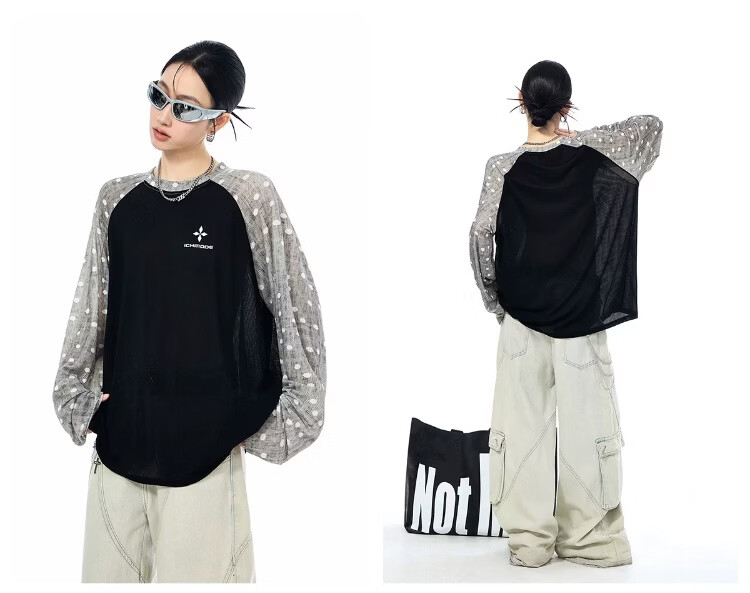 ICH MODE Polka Dot Raglan Sleeve Color Block Long Sleeve T-Shirt Physical Sun Protection Sheer Breathable Summer Top for Women Pink XL 8
