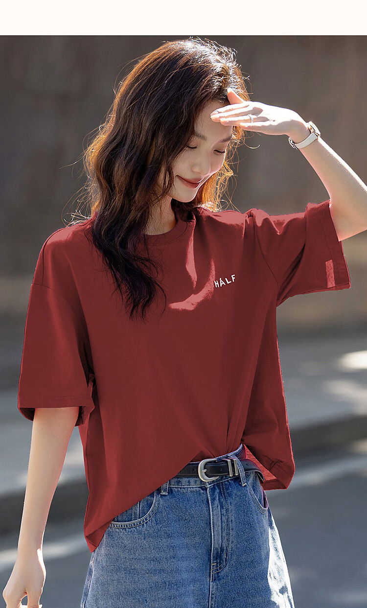Demana [Comfort 180G Pure Cotton] Summer Simple Style Letter Print Loose Fit Women's 5-Sleeve T-Shirt 23