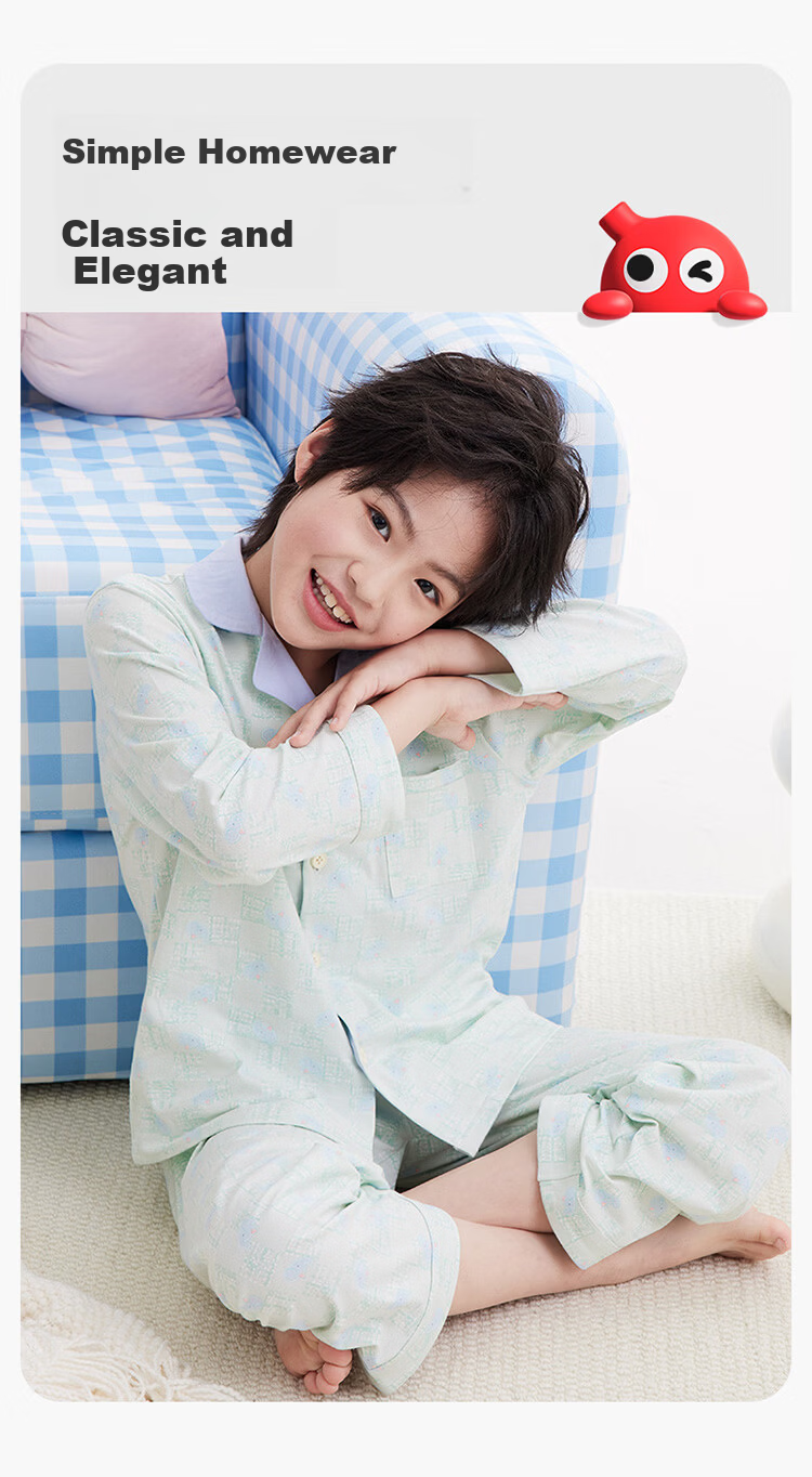 Hodo Kids Spring Autumn Antibacterial Long Sleeve Pajama Set Cute Cartoon Children's Homewear Bowknot Green Plaid 160 6