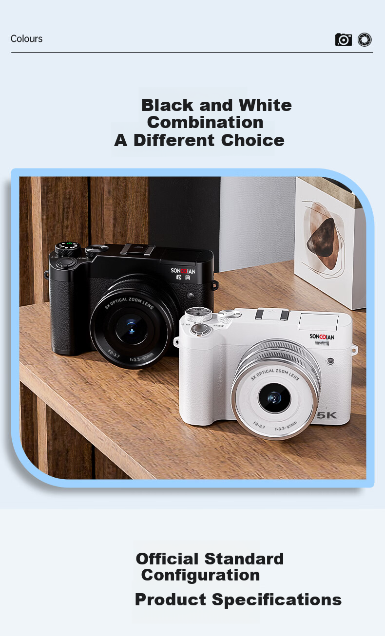 SONGDIAN Digital Camera Front and Rear Dual 5K Vlog 3X Optical Zoom Mirrorless Portable Student Camera DC205X Black 128GB Memory 19