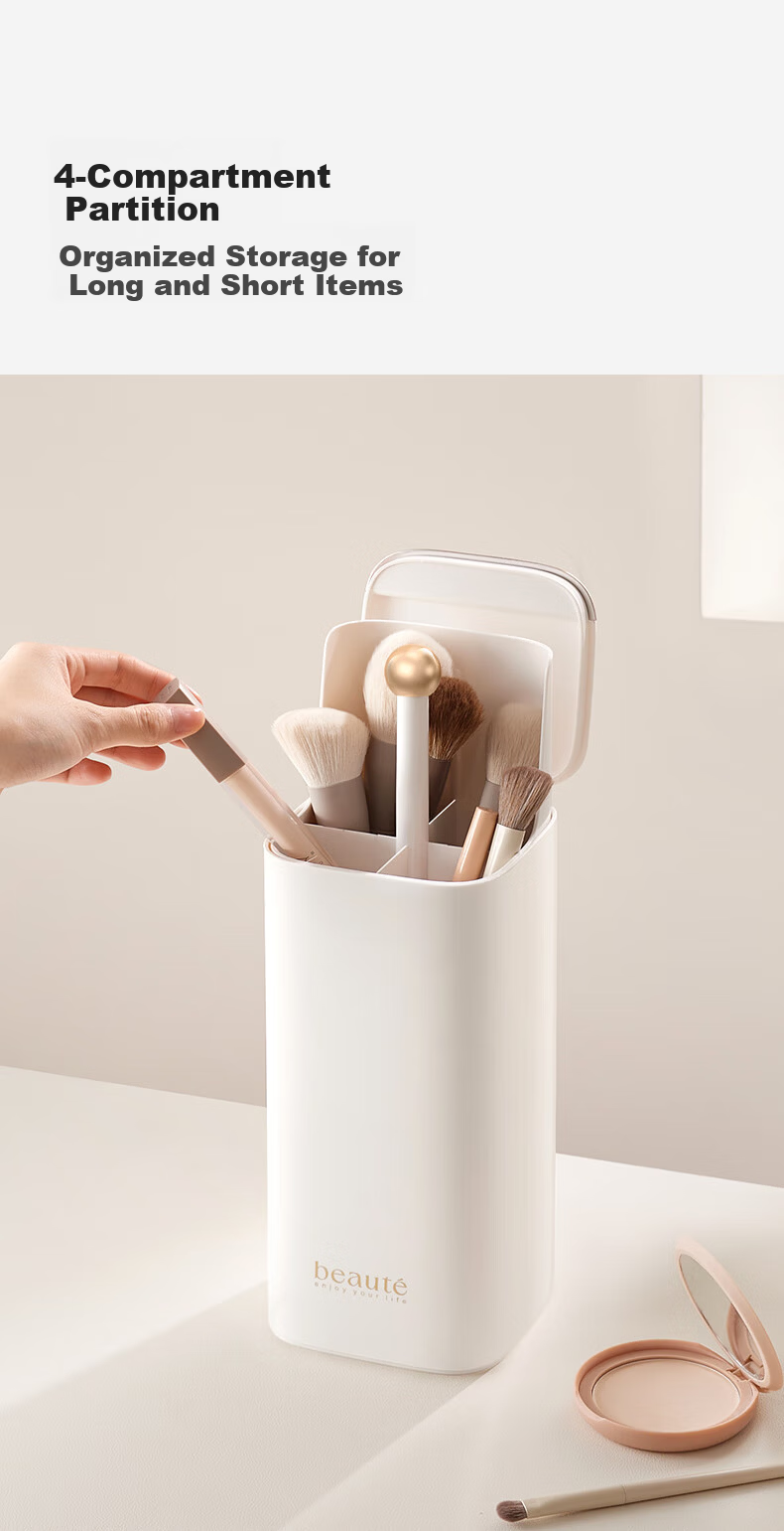EACHY Makeup Brush Storage Cylinder with Press-Open Lid, Desktop Storage Box, Dustproof Covered Lipstick Organizer - Almond Pink 8