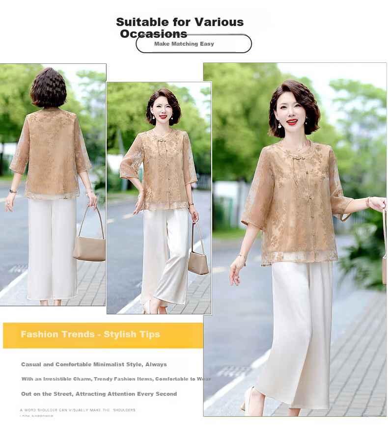 Hodo Middle-aged Elegant Mom Summer Chiffon Shirt Middle-aged and Elderly Women's Summer Cool Short Sleeve Two-piece Set Top 4