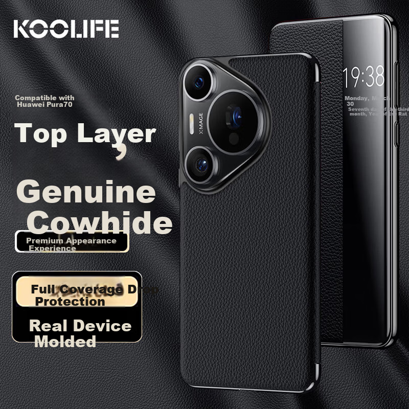 KOOLIFE Huawei Pura70 Leather Flip Case Smart Window Full Coverage Shockproof Business Black