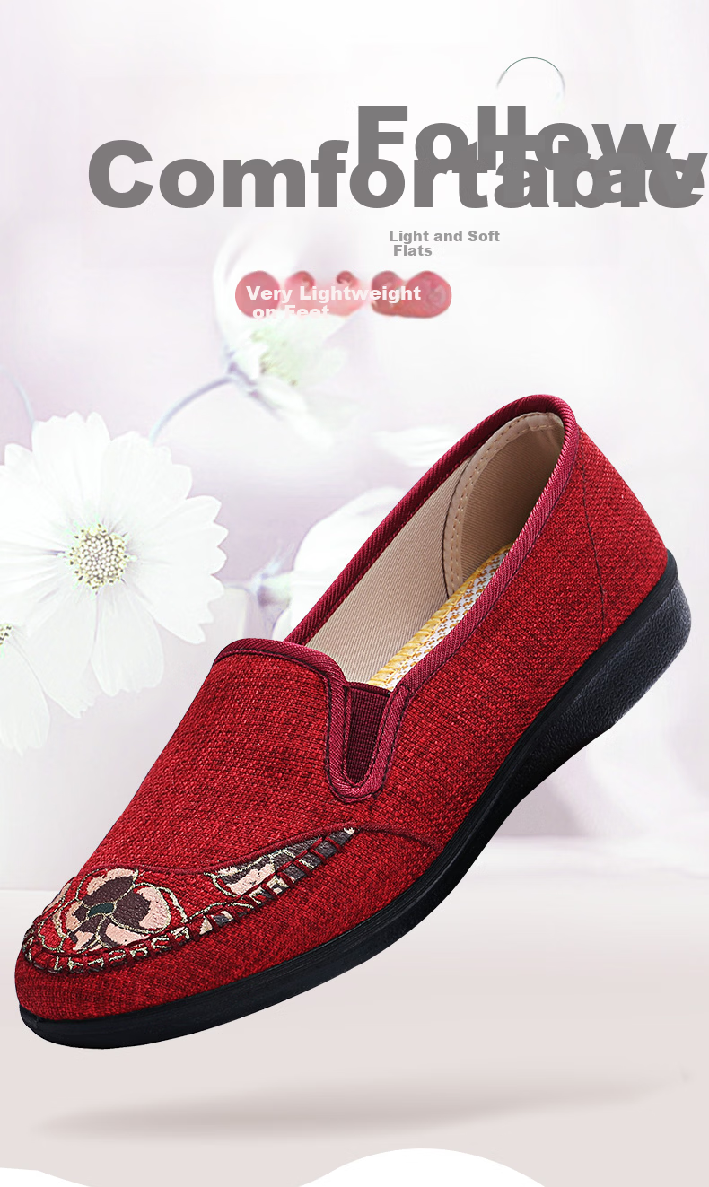 BUSHEYUAN Women's Flat Round-Toe Slip-On Soft Sole Breathable Casual Shoes for Moms, Easy Wear Lazy Shoes, Middle-Aged and Elderly Beijing Cloth Shoes, Black, Size 36, Model 210-1322 1