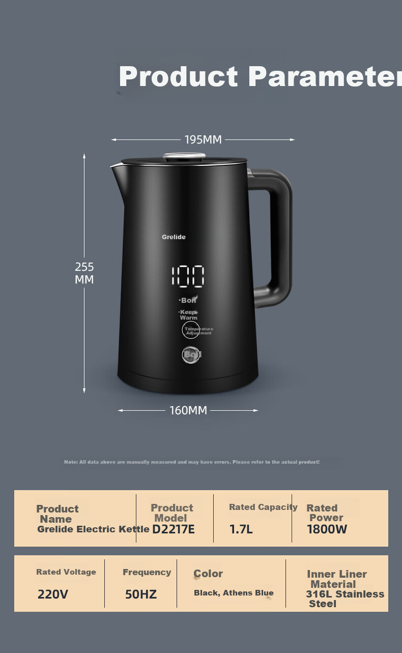 Grelide 316L Stainless Steel Electric Kettle, Insulated Temperature Control Electric Water Boiler, Large Capacity Multi-Temperature Heating Kettle D2217E Black 4