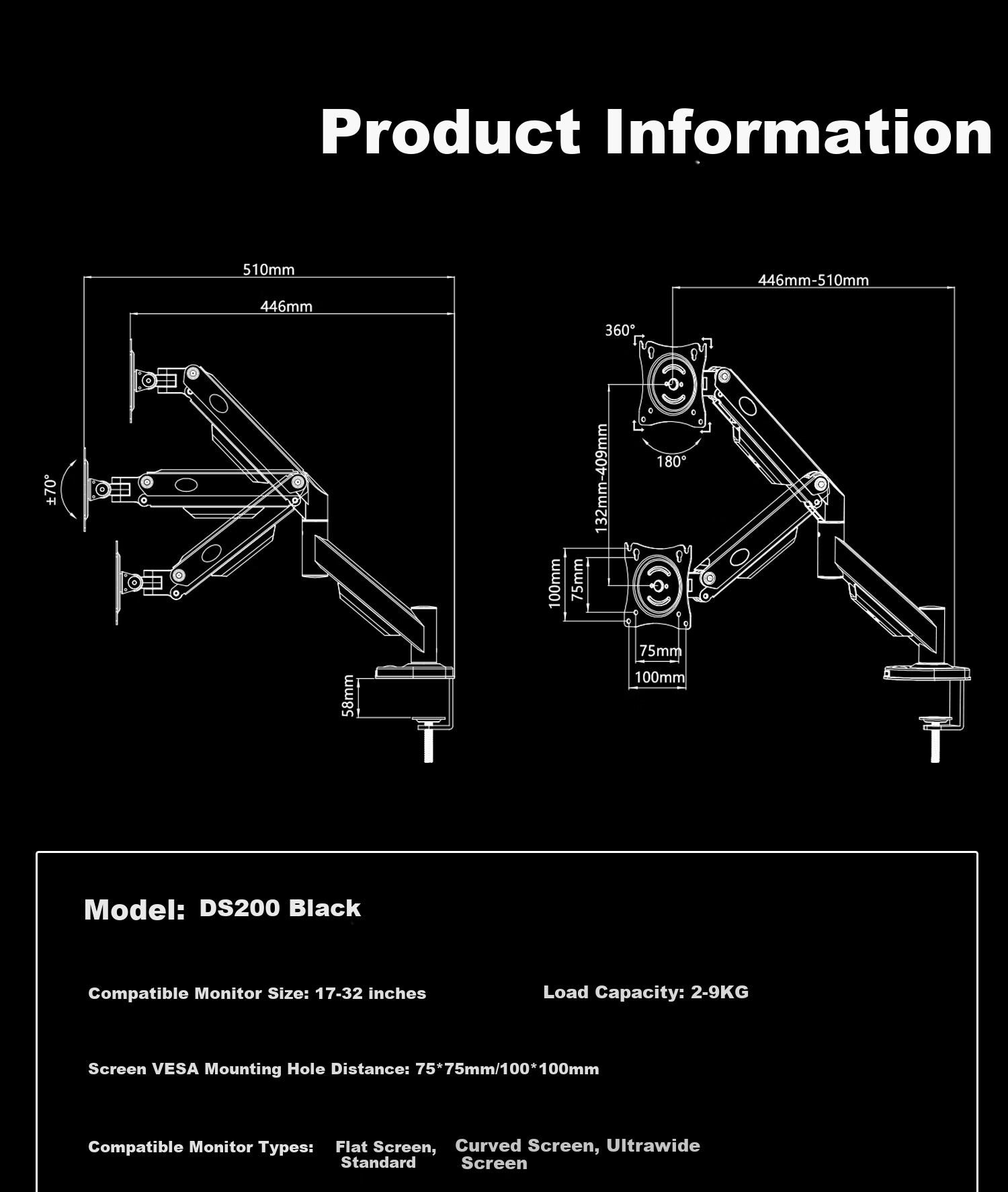 KALOC Monitor Arm, Dual Monitor Stand, Mechanical Arm Display Bracket, Computer Stand, Monitor Suspension Arm, Screen Support DS200-2 9