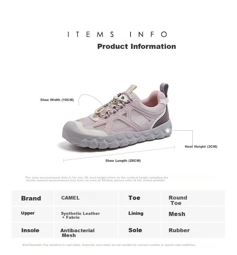 CAMEL Cute Ugly Style Women's Lightweight Outdoor Casual Breathable Elastic Height-Increasing Sports Shoes L26S202180 Purple Size 39 16