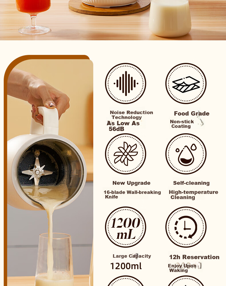 ROYALTY LINE 1.2L Soy Milk and Blender Machine, Household 2-3 Person, Noise Reduction, 16-Blade Fully Automatic Timer, No Soaking, No Filtering, Multifunctional Baby Food Processor, Compact Food Proce 5